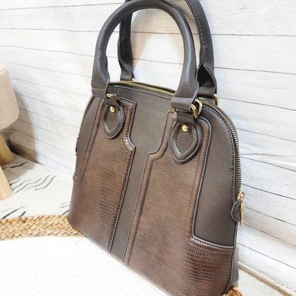 👜 MIZTIQUE 2 TONE BROWN FAUX LEATHER SATCHEL BAG - Picture 2 of 7
